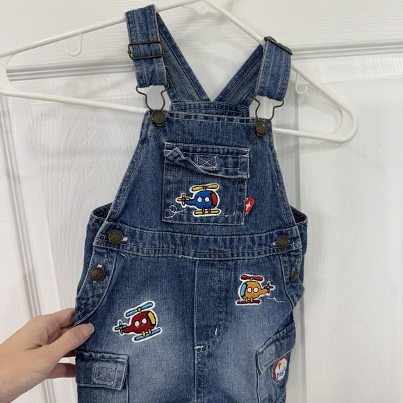 Vintage Jeans Wear Denim Childrens Overalls w Embroidered Helicopters 12 Months - Picture 2 of 10